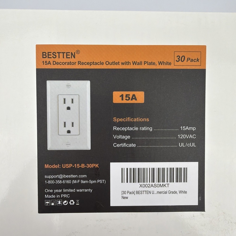 BESTTEN 30 Pack 15 Amp Decorator Receptacle Outlet w/ Screwless Wall Plates - Picture 8 of 9